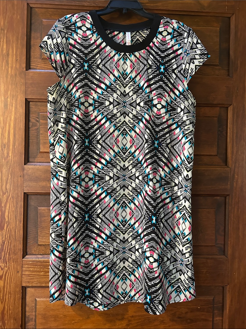 Casual Black Aztec-Print A-Line Dress with Pink & Teal Accents